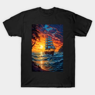 Sailboat at Sunset: A Colorful Ocean Voyage T-Shirt